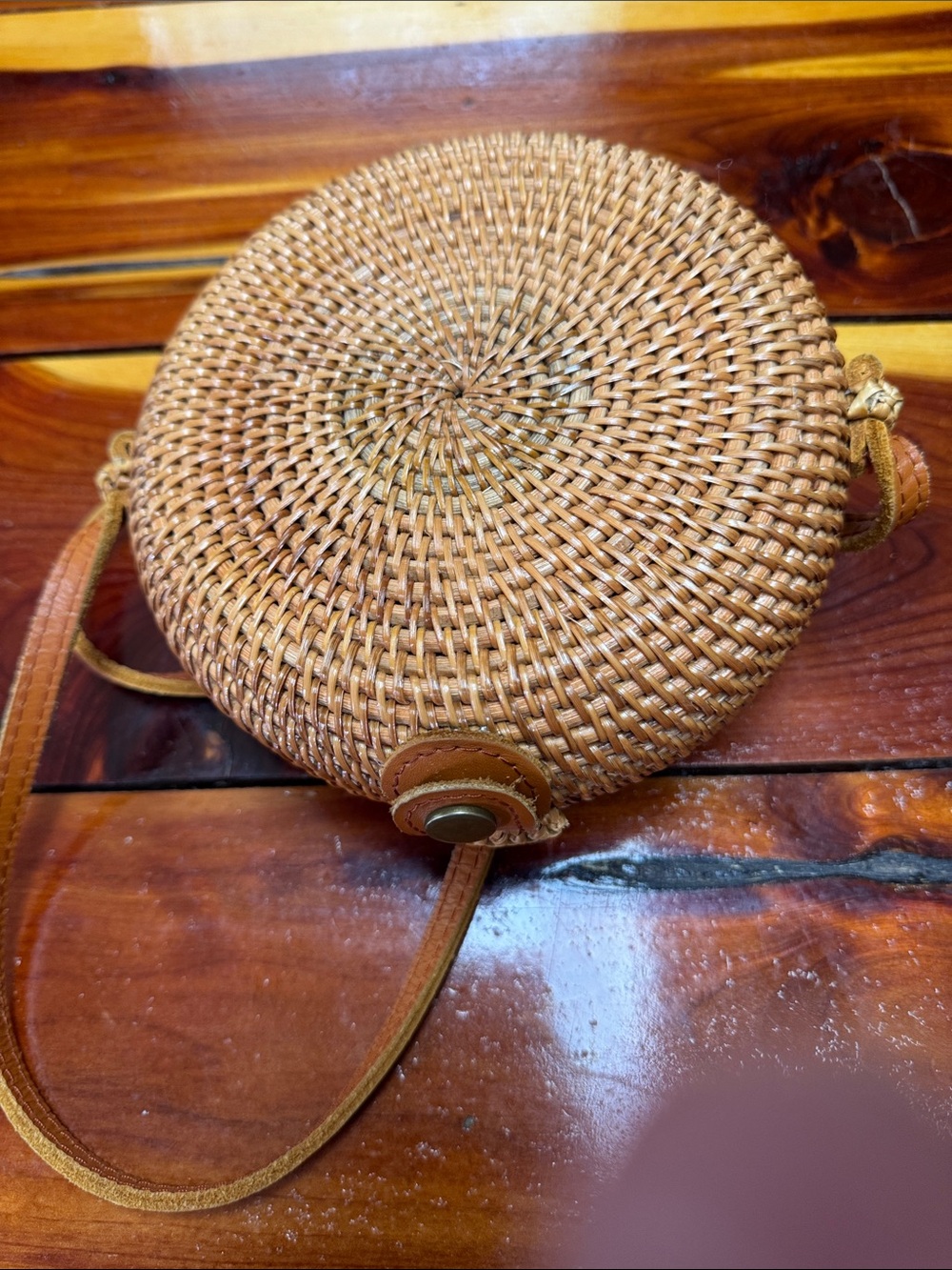 Woven Round Rattan Crossbody Bag in Natural Tan - Picture 2 of 4